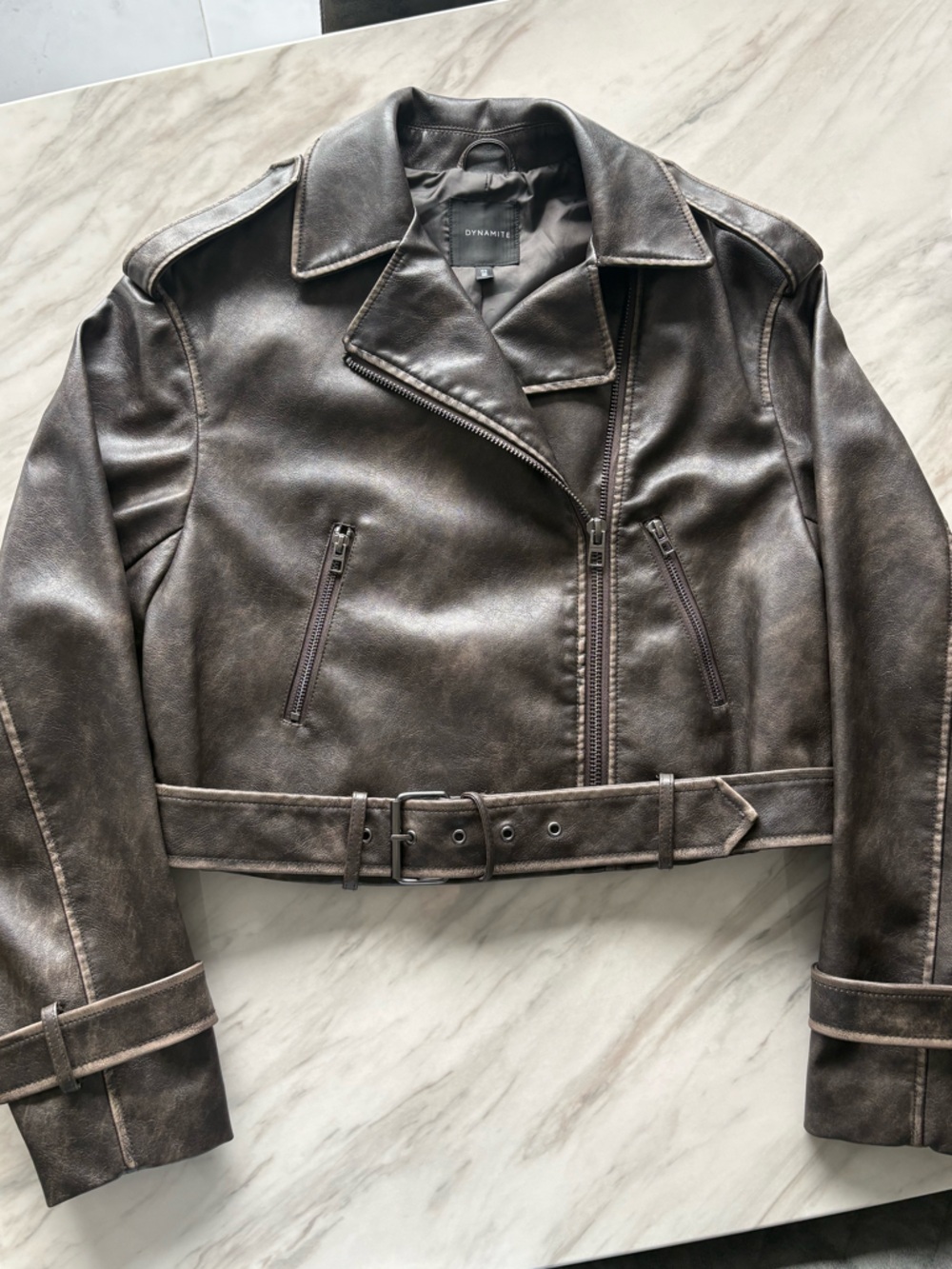 DYNAMITE | Faded Faux Leather Biker Jacket - Picture 2 of 8